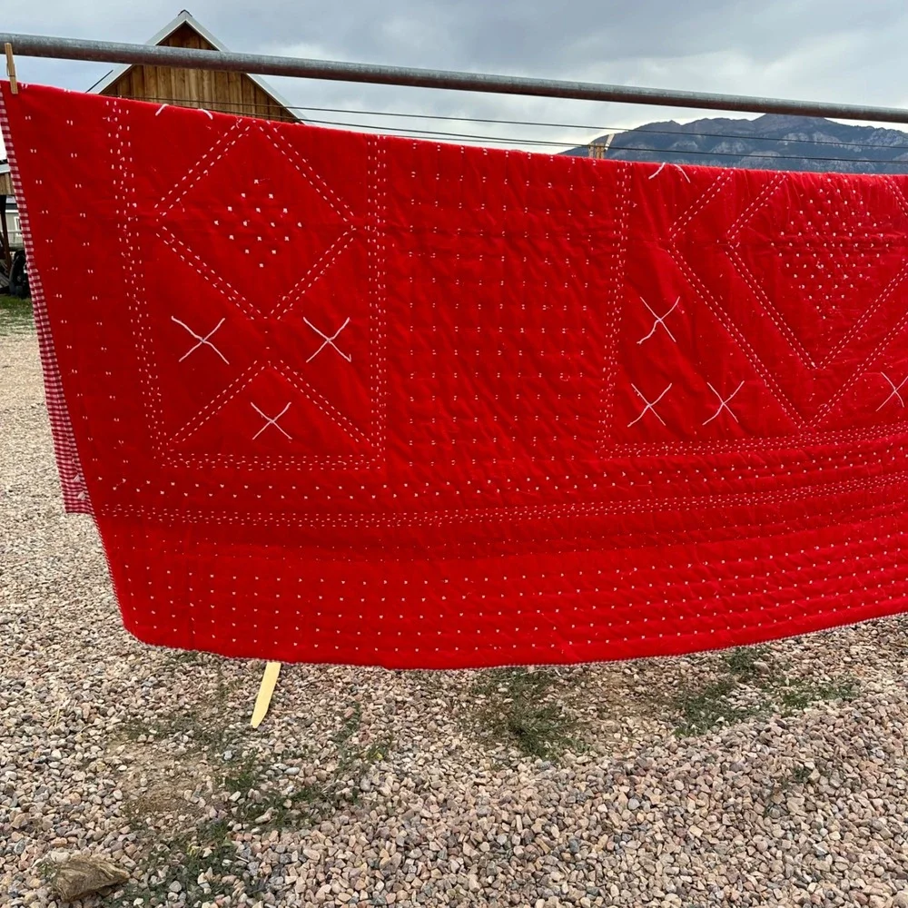 Vintage Hand Quilted Red Gingham Check Embroidery Tufted Blanket Quilt 84x62